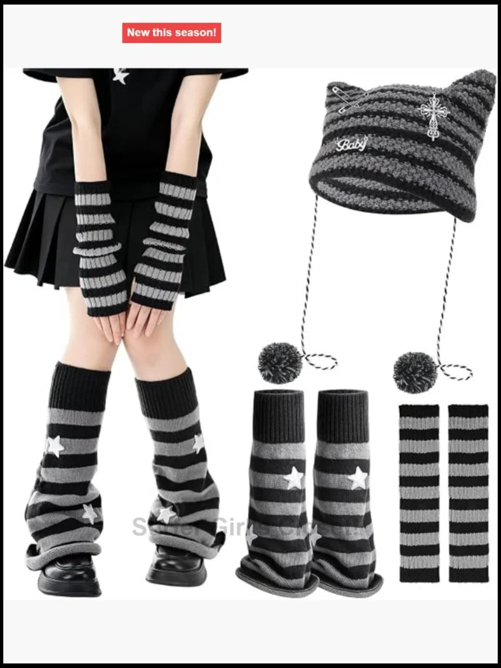 Y2K Cat Ear Knit Beanie Arm & Leg Warmers Set Stretchy Goth Dance